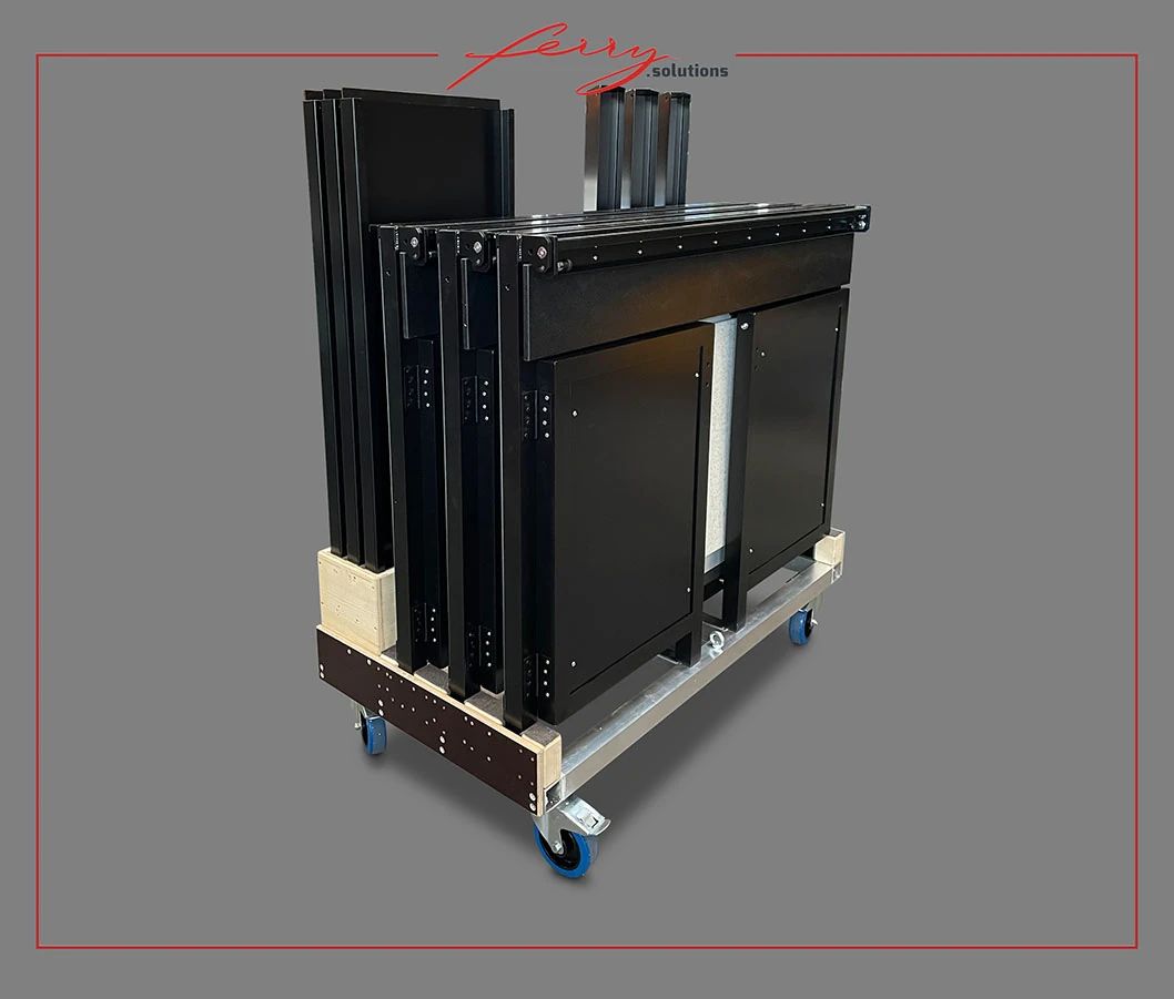 Black powder coated klappBARs on a transport wagon.