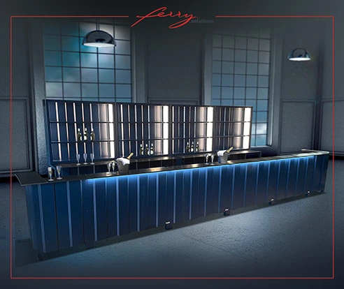 klappBAR Setup with blue powder coating and a custom made front panel.