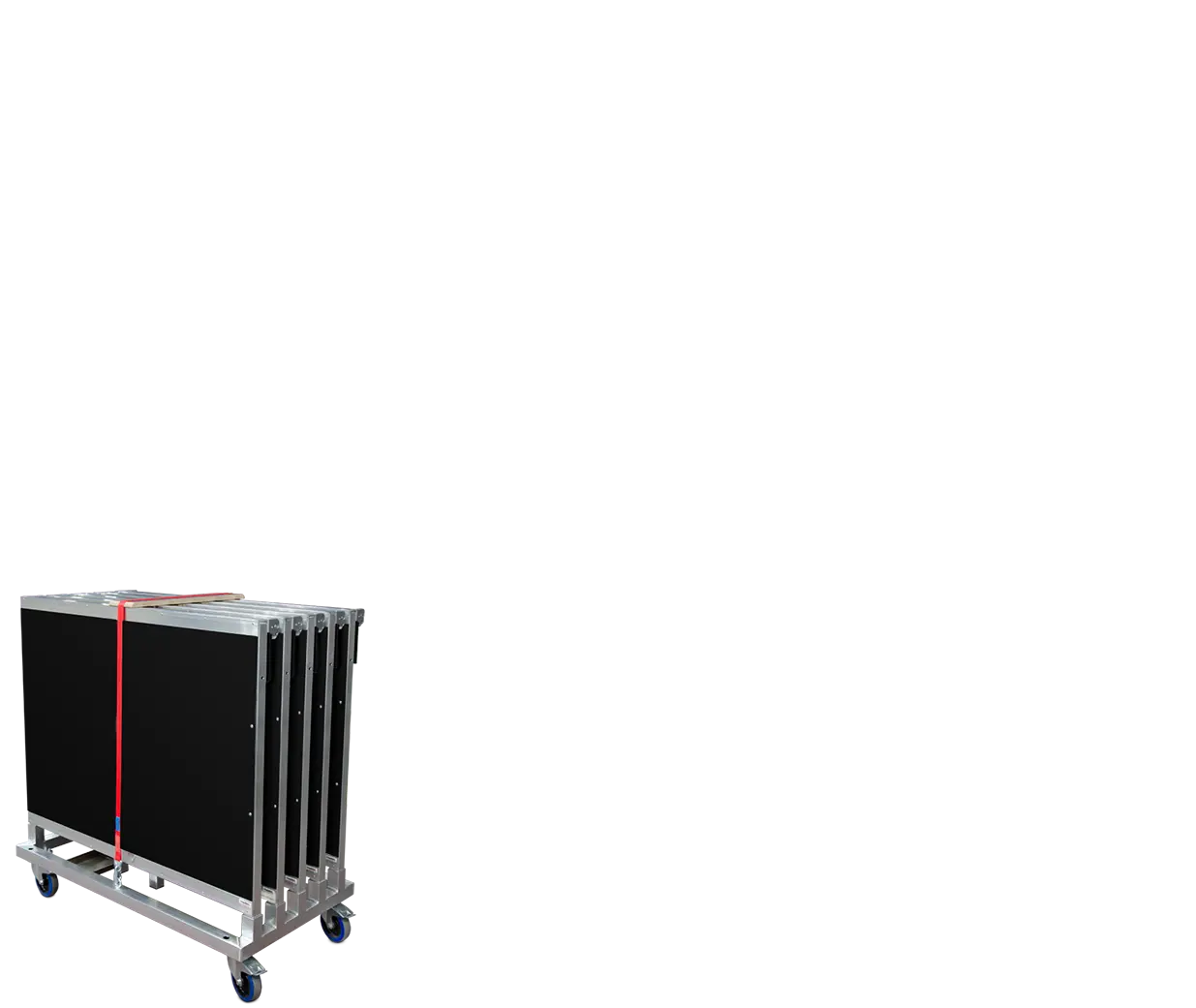 Fünf gefaltete schwarze klappBAR 1.2 auf einem silbernen Aluminium-Transportwagen mit rotem Spanngurt, bereit für den Einsatz.