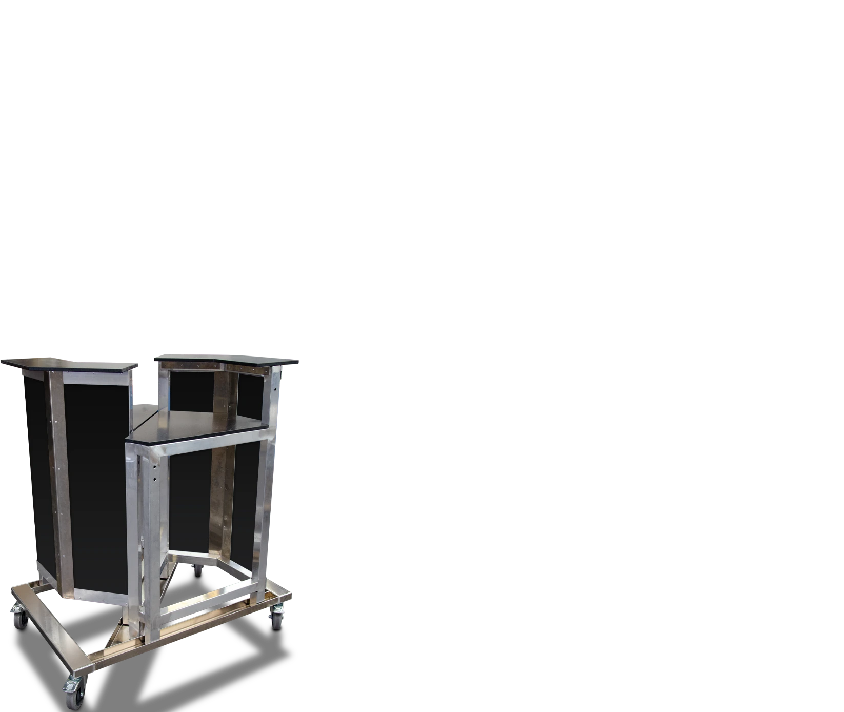 Five folded klappBAR 1.2 units in black, secured on a silver aluminum transport cart with red strap, ready for event setup.
