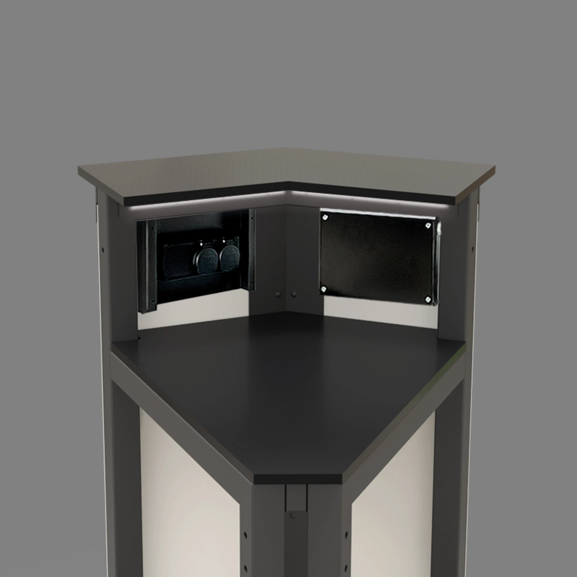 Example Image of a klappECKE 90° with a work light and dual power sockets mounted to it.