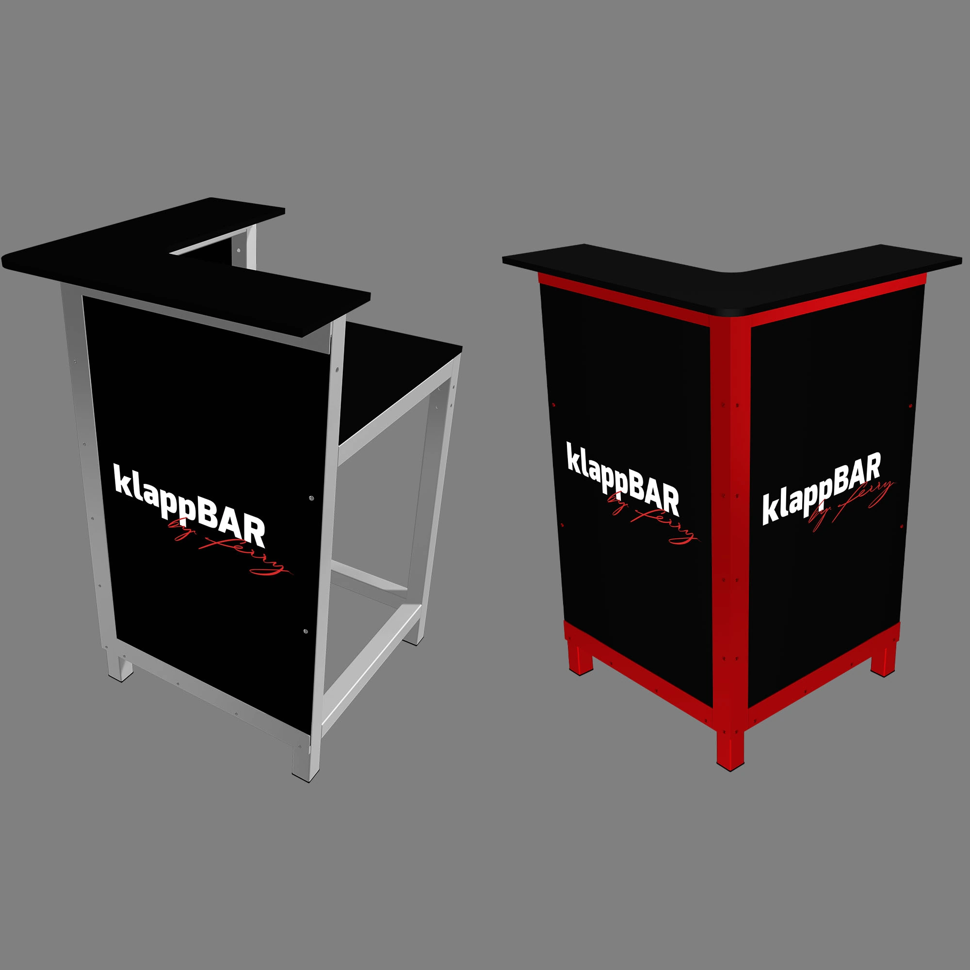 Example of two klappECKE 90° units with one custom red powder coating and one without powder coating in raw aluminium.