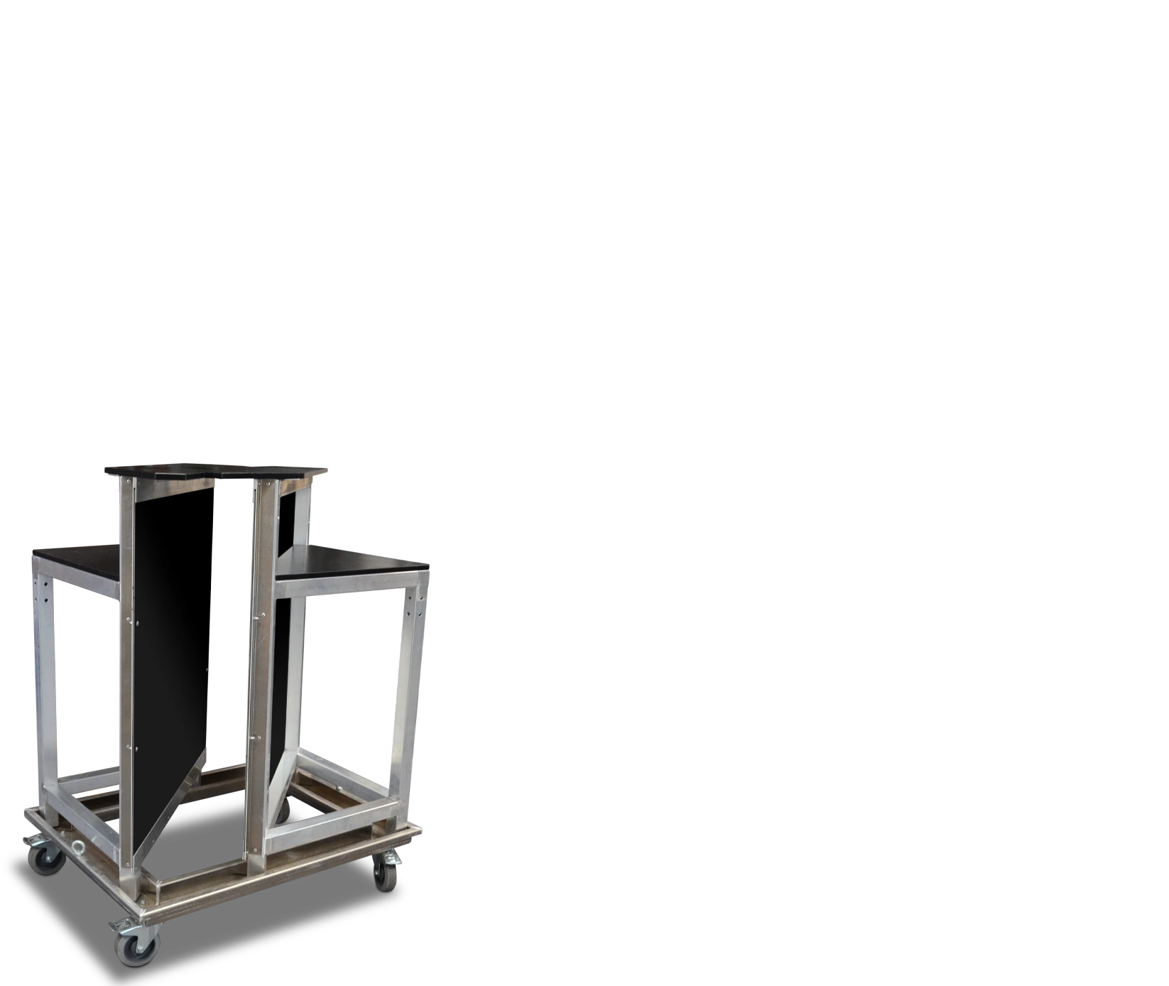 Five folded klappBAR 1.2 units in black, secured on a silver aluminum transport cart with red strap, ready for event setup.