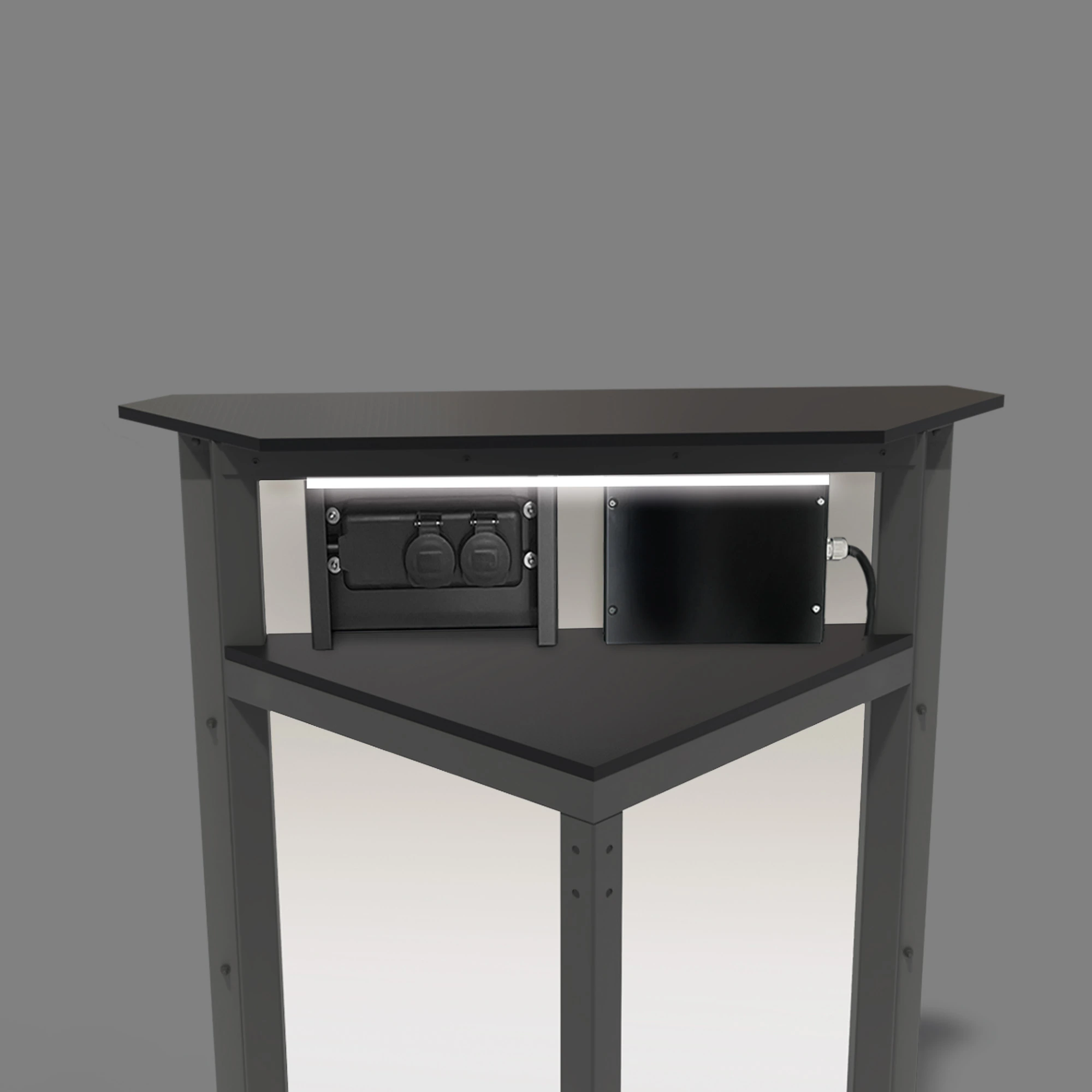 Example Image of a klappECKE 90° with a work light and dual power sockets mounted to it.