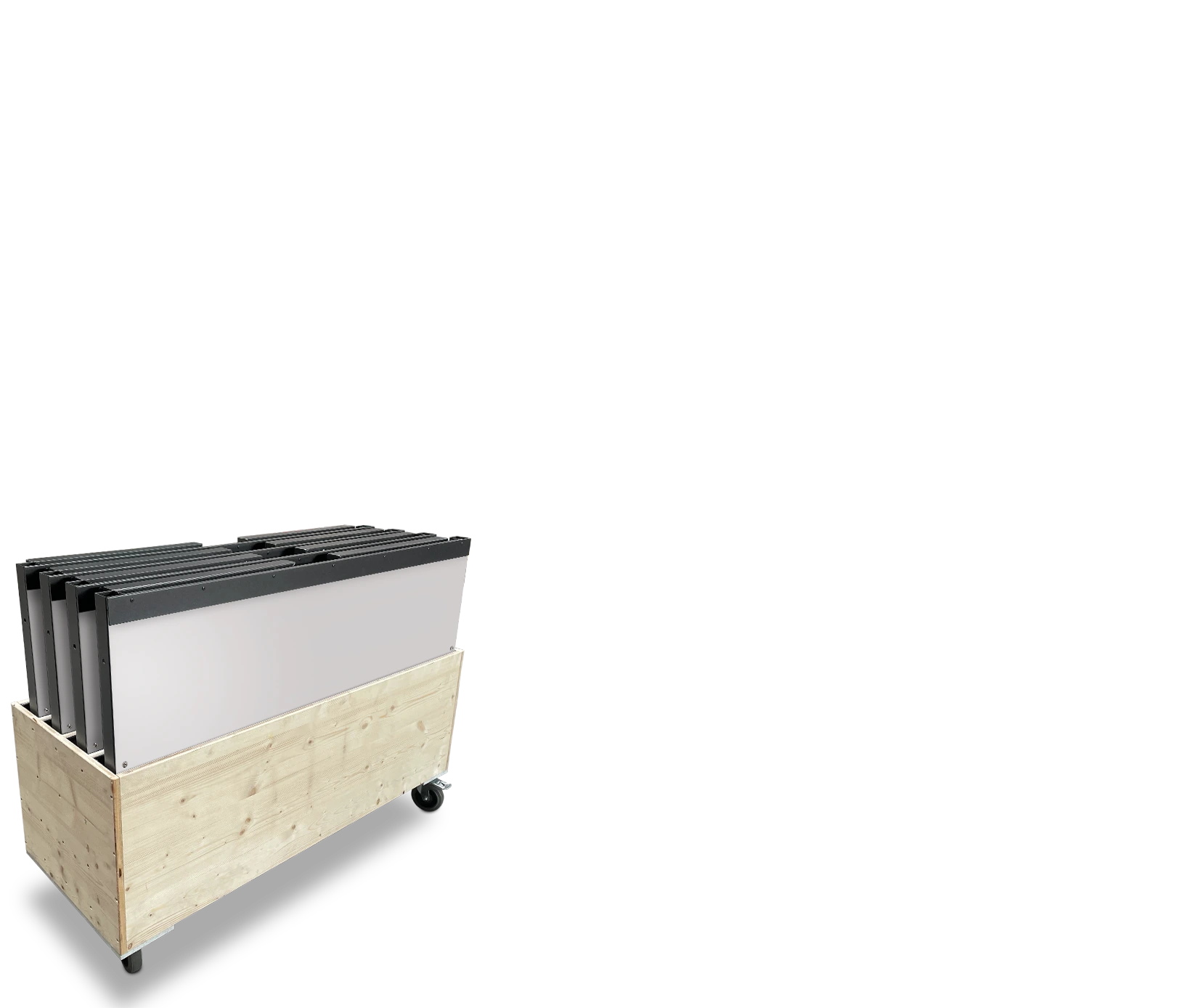 Five folded klappTISCH 1.2 units in black, secured in a wooden transport box, ready for event setup.