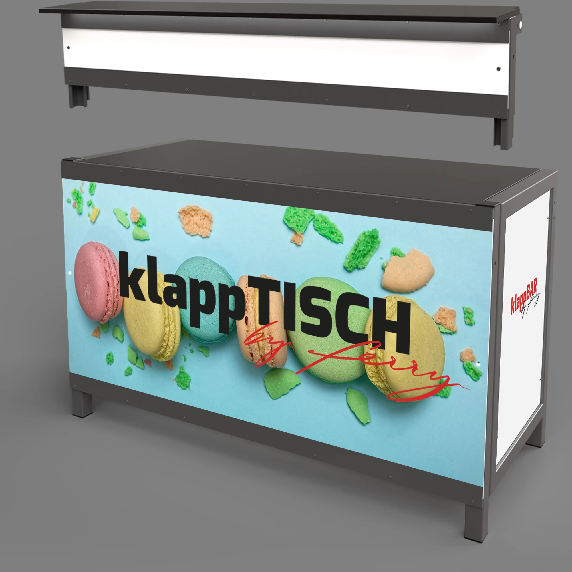 Example Image of a klappTISCH with a custom printed front and side panel.