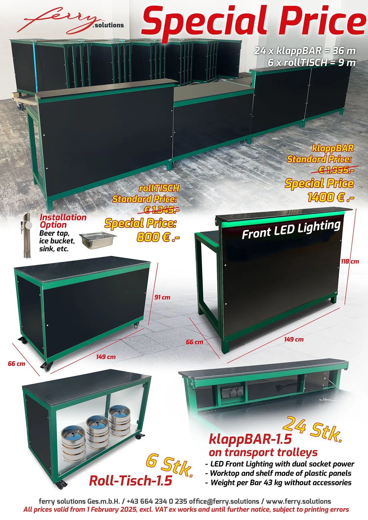Clearance flyer with all details. 24 klappBARs and 5 rollTISCHs for sale