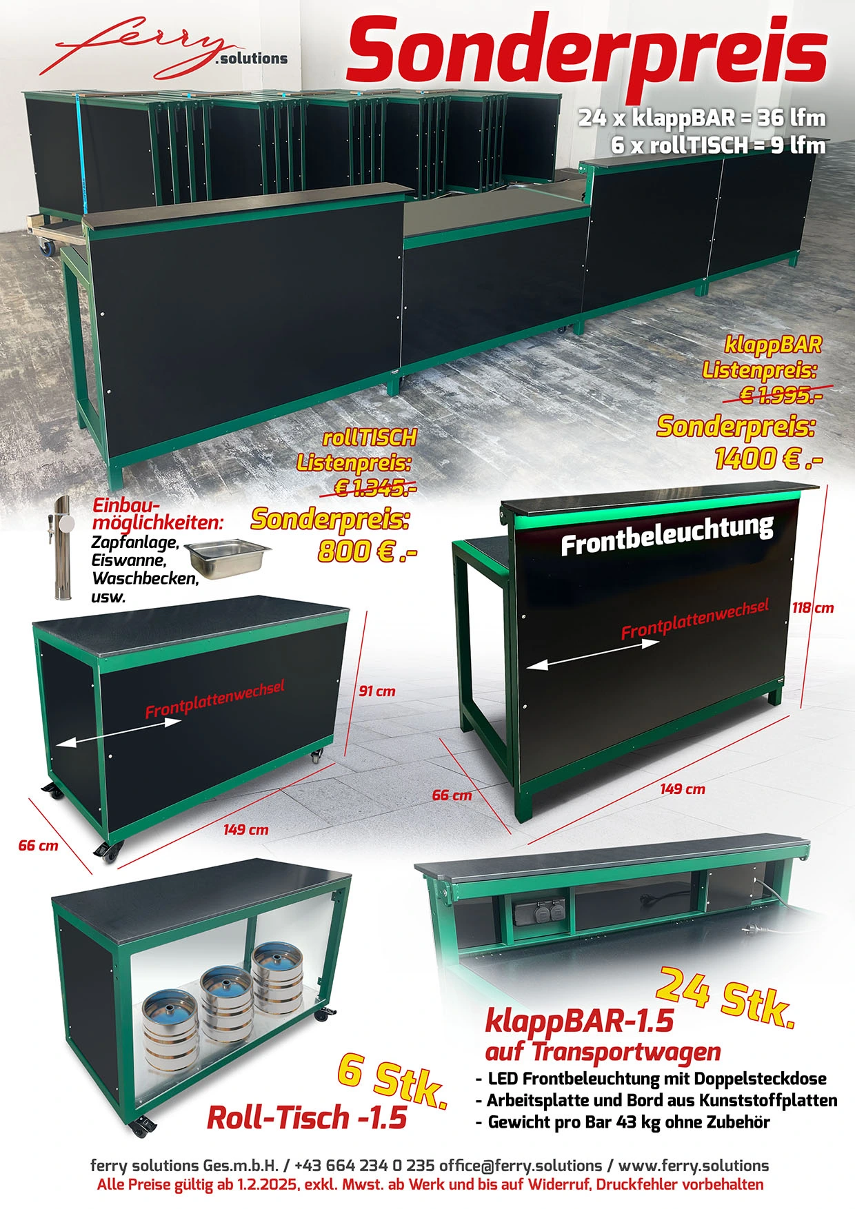 Sonderposten Flyer mit allen Details. Zum Verkauf sethen 24 klappBARs und 5 rollTISCHe