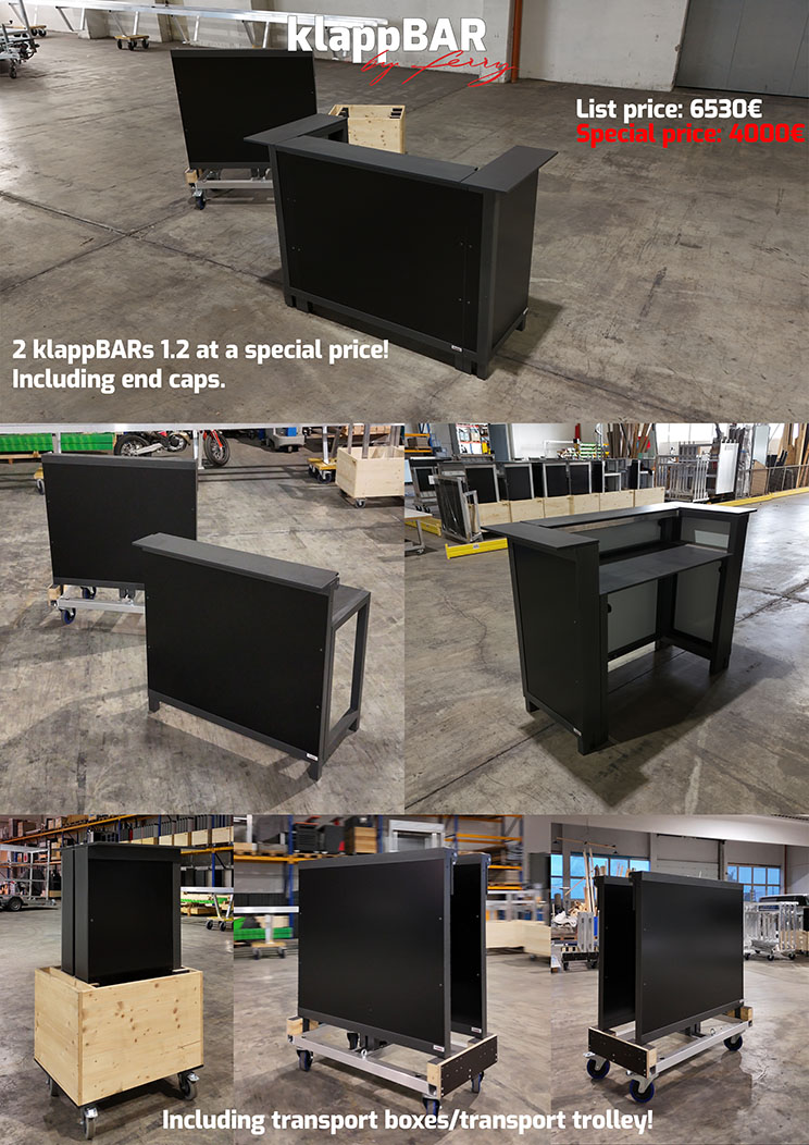2 klappBARs 1.2 special offer – mobile, foldable bars for events, gastronomy and catering. Black event bar with end pieces, transport boxes and transport trolleys. List price €6530, now only €4000. High-quality, space-saving solution for events.